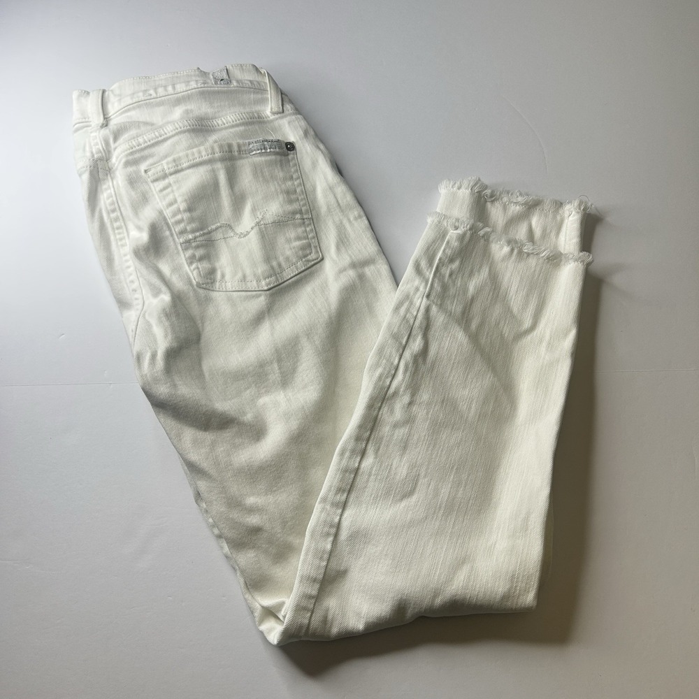 7 For All Mankind Roxanne Ankle White Denim Jeans Womens Size 27 Frayed Hem Crop